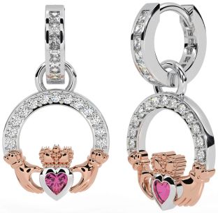 Diamond Pink Tourmaline White Rose Gold Claddagh Dangle Earrings