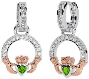 Diamond Peridot White Rose Gold Claddagh Dangle Earrings