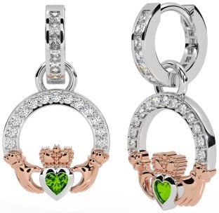 Diamond Peridot White Rose Gold Claddagh Dangle Earrings