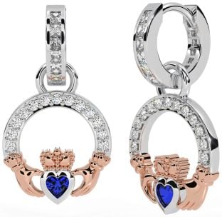 Diamond Sapphire White Rose Gold Claddagh Dangle Earrings