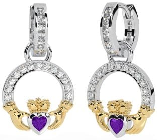 Diamond Amethyst White Yellow Gold Claddagh Dangle Earrings