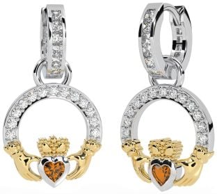 Diamond Citrine White Yellow Gold Claddagh Dangle Earrings
