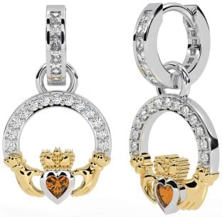 Diamond Citrine White Yellow Gold Claddagh Dangle Earrings