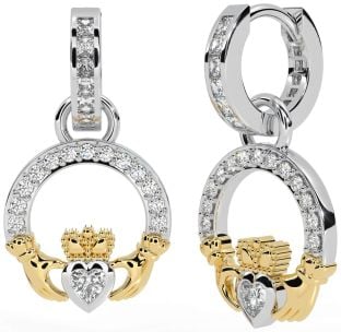 Diamond White Yellow Gold Claddagh Dangle Earrings