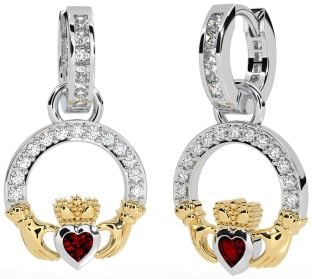 Diamond Garnet White Yellow Gold Claddagh Dangle Earrings