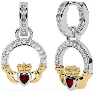 Diamond Garnet White Yellow Gold Claddagh Dangle Earrings