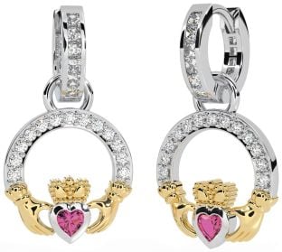 Diamond Pink Tourmaline White Yellow Gold Claddagh Dangle Earrings