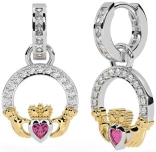 Diamond Pink Tourmaline White Yellow Gold Claddagh Dangle Earrings
