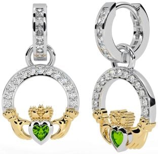Diamond Peridot White Yellow Gold Claddagh Dangle Earrings