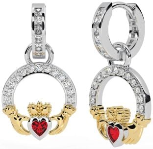 Diamond Ruby White Yellow Gold Claddagh Dangle Earrings