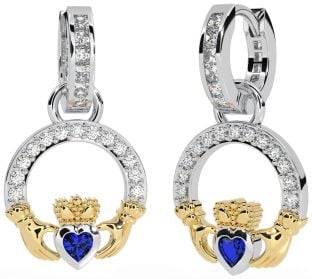 Diamond Sapphire White Yellow Gold Claddagh Dangle Earrings