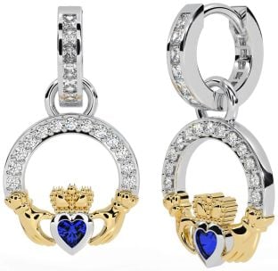 Diamond Sapphire White Yellow Gold Claddagh Dangle Earrings