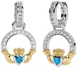 Diamond Topaz White Yellow Gold Claddagh Dangle Earrings