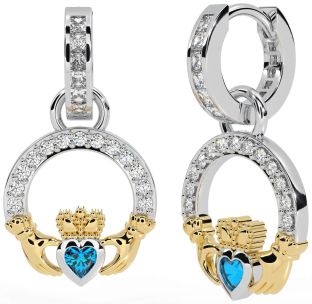 Diamond Topaz White Yellow Gold Claddagh Dangle Earrings