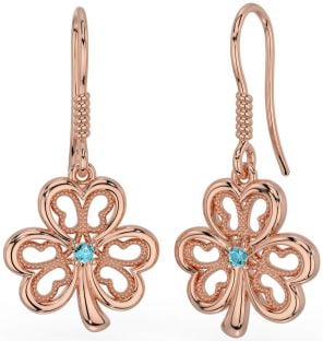 Aquamarine Rose Gold Silver Shamrock Dangle Earrings