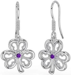 Amethyst Silver Shamrock Dangle Earrings