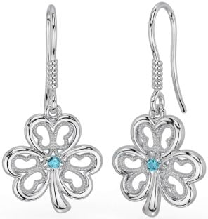 Aquamarine Silver Shamrock Dangle Earrings