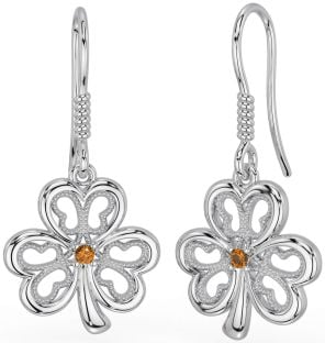 Citrine Silver Shamrock Dangle Earrings