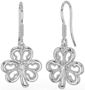 Diamond Silver Shamrock Dangle Earrings