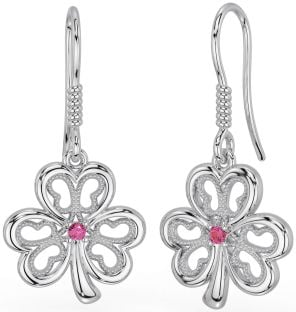 Pink Tourmaline Silver Shamrock Dangle Earrings