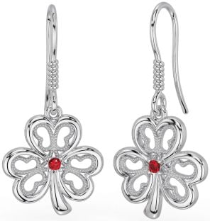 Ruby White Gold Shamrock Dangle Earrings