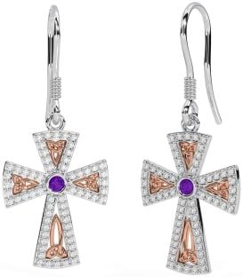 Diamond Amethyst Rose Gold Silver Celtic Cross Trinity Knot Dangle Earrings