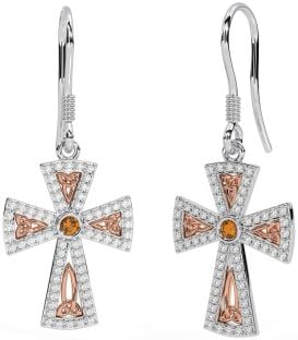 Diamond Citrine Rose Gold Silver Celtic Cross Trinity Knot Dangle Earrings