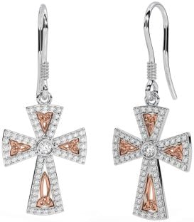 Diamond Rose Gold Silver Celtic Cross Trinity Knot Dangle Earrings