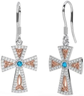 Diamond Topaz Rose Gold Silver Celtic Cross Trinity Knot Dangle Earrings