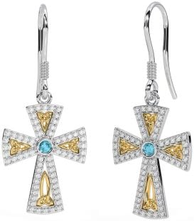 Diamond Aquamarine Gold Silver Celtic Cross Trinity Knot Dangle Earrings