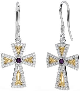 Diamond Alexandrite Gold Silver Celtic Cross Trinity Knot Dangle Earrings