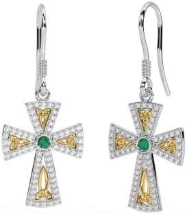 Diamond Emerald Gold Silver Celtic Cross Trinity Knot Dangle Earrings