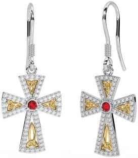 Diamond Ruby Gold Silver Celtic Cross Trinity Knot Dangle Earrings