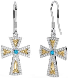 Diamond Topaz Gold Silver Celtic Cross Trinity Knot Dangle Earrings