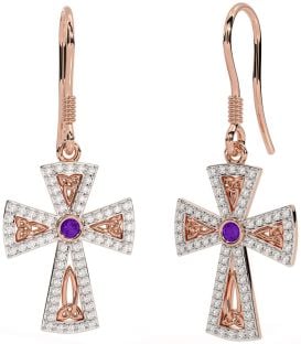 Diamond Amethyst Rose Gold Silver Celtic Cross Trinity Knot Dangle Earrings