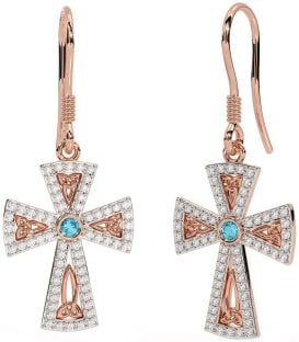 Diamond Aquamarine Rose Gold Silver Celtic Cross Trinity Knot Dangle Earrings