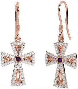 Diamond Alexandrite Rose Gold Silver Celtic Cross Trinity Knot Dangle Earrings