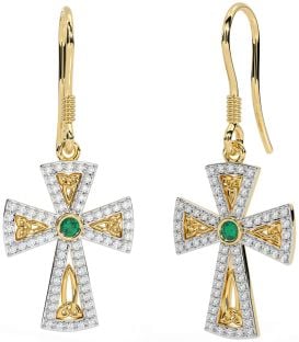 Diamond Emerald Gold Silver Celtic Cross Trinity Knot Dangle Earrings