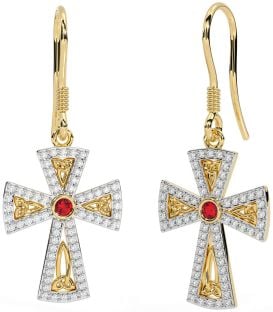 Diamond Ruby Gold Silver Celtic Cross Trinity Knot Dangle Earrings