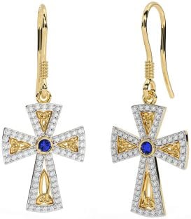 Diamond Sapphire Gold Silver Celtic Cross Trinity Knot Dangle Earrings