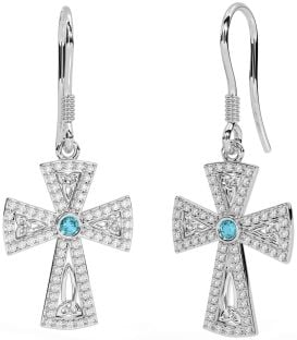 Diamond Aquamarine Silver Celtic Cross Trinity Knot Dangle Earrings