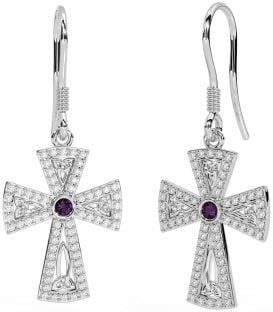 Diamond Alexandrite Silver Celtic Cross Trinity Knot Dangle Earrings