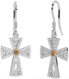 Diamond Citrine Silver Celtic Cross Trinity Knot Dangle Earrings