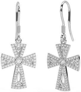 Diamond Silver Celtic Cross Trinity Knot Dangle Earrings