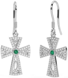 Diamond Emerald Silver Celtic Cross Trinity Knot Dangle Earrings