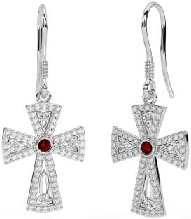 Diamond Garnet Silver Celtic Cross Trinity Knot Dangle Earrings