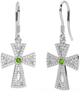 Diamond Peridot Silver Celtic Cross Trinity Knot Dangle Earrings