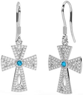 Diamond Topaz Silver Celtic Cross Trinity Knot Dangle Earrings