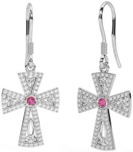 Diamond Pink Tourmaline White Gold Celtic Cross Trinity Knot Dangle Earrings