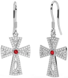 Diamond Ruby White Gold Celtic Cross Trinity Knot Dangle Earrings